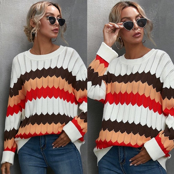 Chunky striped crew neck knit sweater - Picture 5 of 5